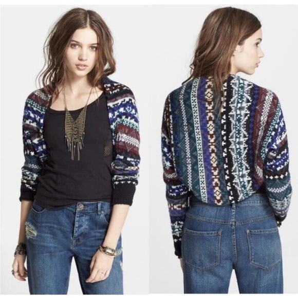 Free People Fair Isle Carnival Knit Cropped Shrug Sweater Size S - Picture 1 of 12